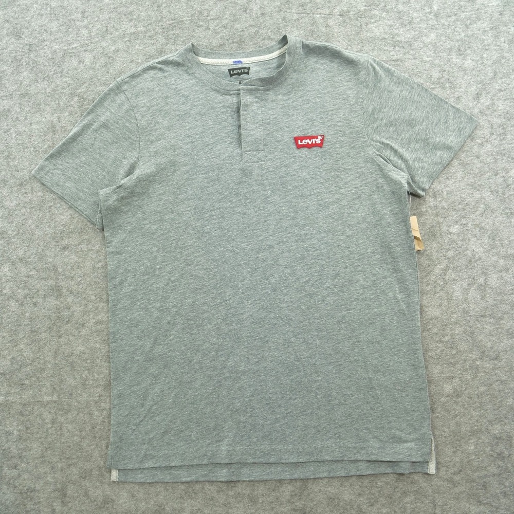 Levis Shirt Mens Medium Gray Henley Heather Short Sleeve Logo Causal New